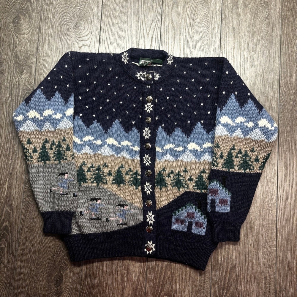 Northern Reflections Vintage Wool Cardigan Winter Scene Ice Skaters Navy Blue L